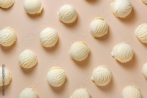 A pattern of soft cream ice cream balls on a peach background. A pattern in the style of summer minimalism.