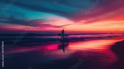 Silhouette of a surfer carrying a board along the shoreline at sunset, colorful sky and calm waves, peaceful and adventurous feel, copy space.,