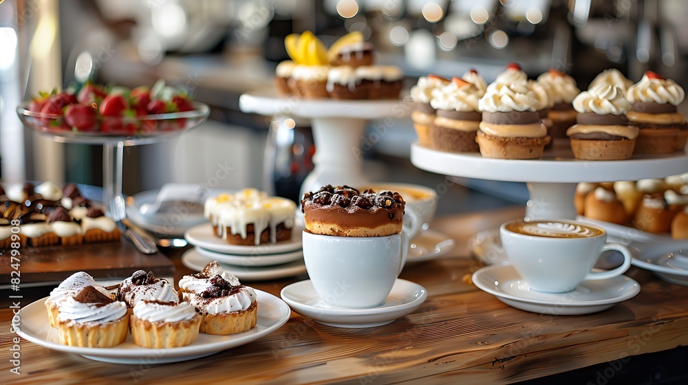 Elegant dessert display in a stylish cafe, featuring artisanal cakes and tarts, alongside steaming cups of espresso, vibrant and tempting, copy space., Elegant dessert display in a stylish cafe, featuring artisanal cakes and tarts, alongside steaming cups of espresso, vibrant and tempting, copy space.,