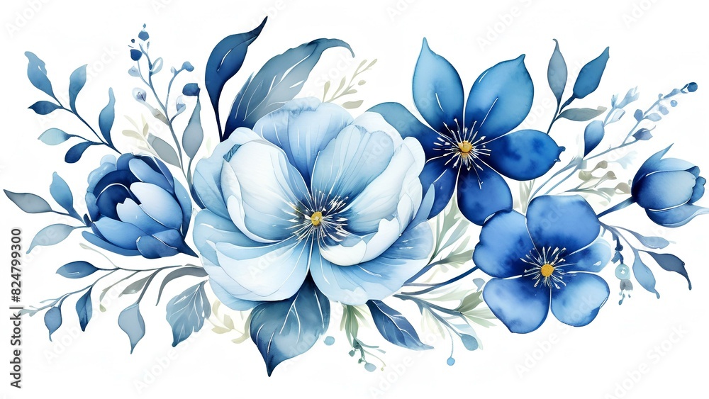 Obraz premium blue watercolor flowers floral pattern with white background