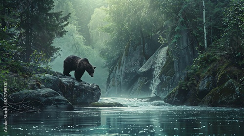 Bear fishing in a river that runs through a verdant forest, powerful and natural setting, pristine wilderness, rugged and untamed, copy space., photo