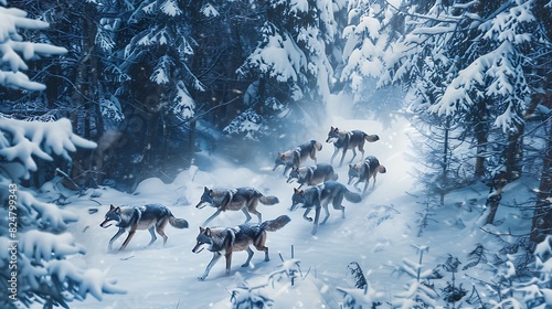 Pack of wolves moving stealthily through a snowy forest, wintery landscape, quiet and intense atmosphere, wild and predatory, copy space., photo