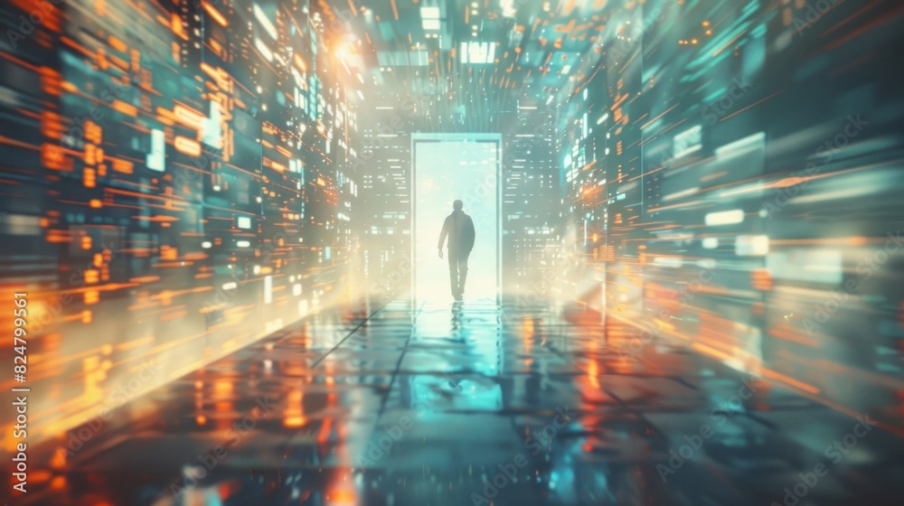 Silhouette businessman walk moving forward into metaverse door digital future technology. Generate AI