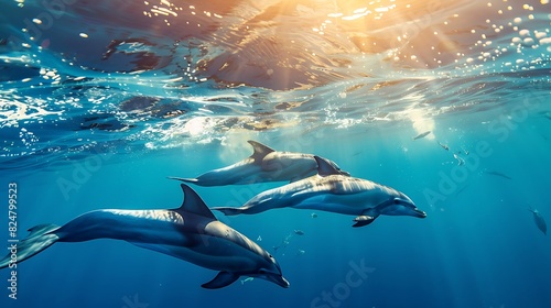 Dolphins gracefully swimming in the open ocean, clear blue water and sunlight filtering through, harmonious and majestic marine life, copy space., photo