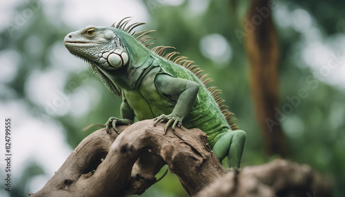 green iguana on a branch at nature 