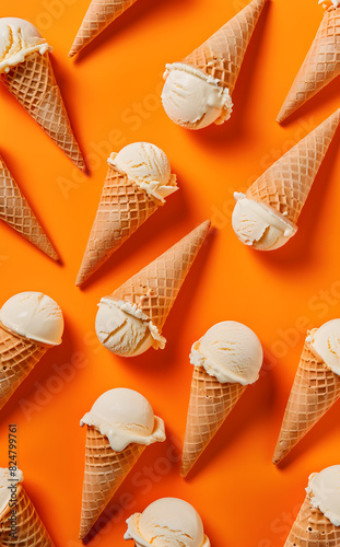 Seamless pattern of ice cream cones with one vanilla scoop on an orange background. Summer concept.