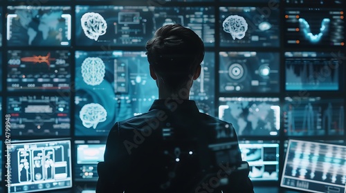 AI researcher developing advanced machine learning models, surrounded by cuttingedge technology and holographic displays, futuristic and forwardthinking, copy space., photo