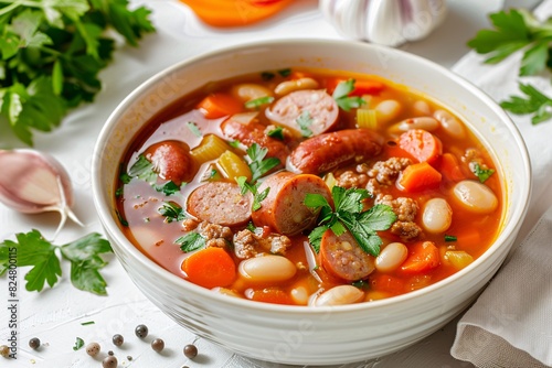 a bowl of soup with sausages and vegetables photo