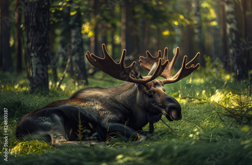 a moose resting in the forest  with its head tilted to one side and antlers on its back. The background shows greenery