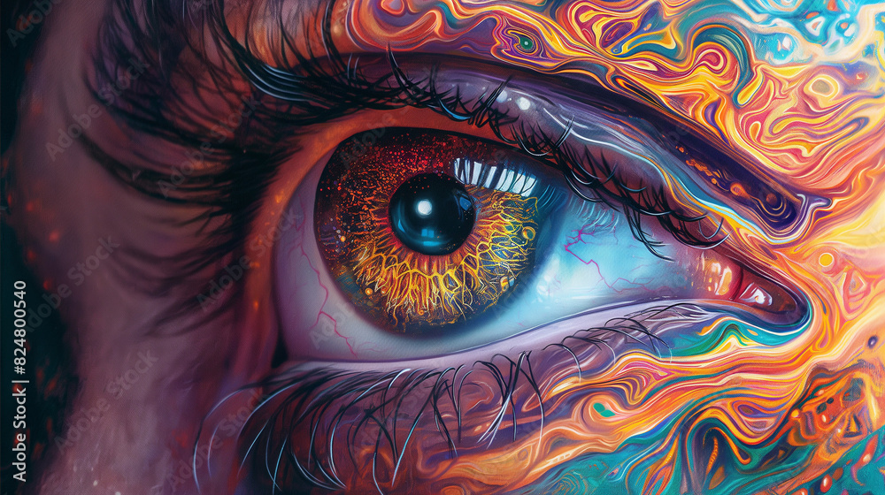 A closeup of an eye with vibrant colors, featuring a detailed iris and eyelashes