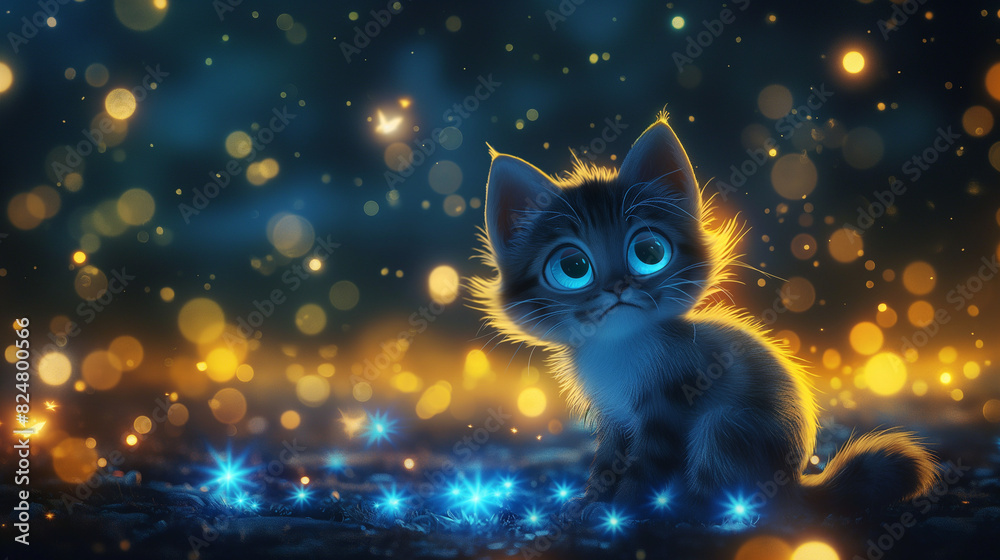 A cute cartoon cat with glowing blue eyes sits on the ground, looking at you curiously, surrounded by gold fireflies and starlight in dreamy colors A cute cartoon cat with glowing blue eyes sits on the ground, looking at you curiously, surrounded by gold fireflies and starlight in dreamy colors