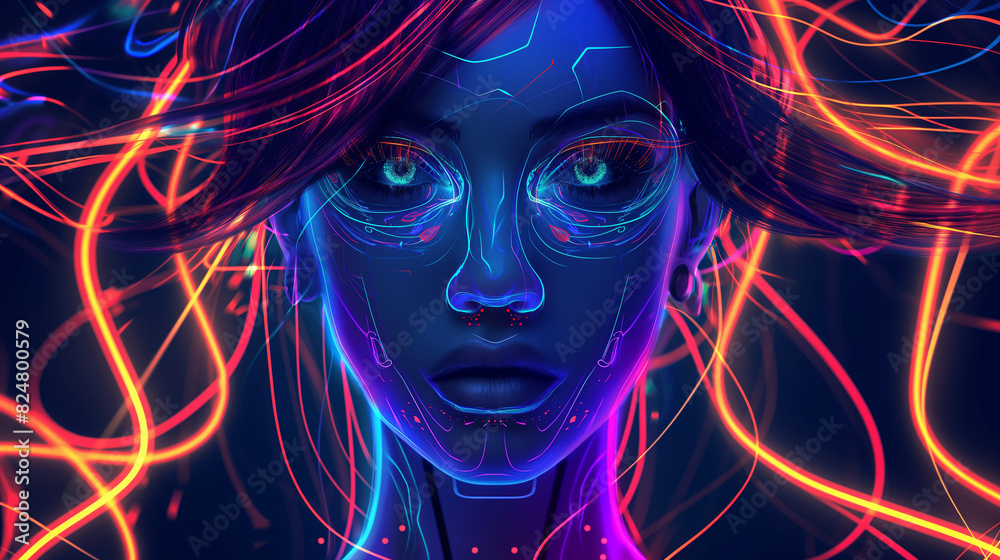 A cyberpunk style neon girl with flowing hair, headshot portrait, and colorful glowing lines