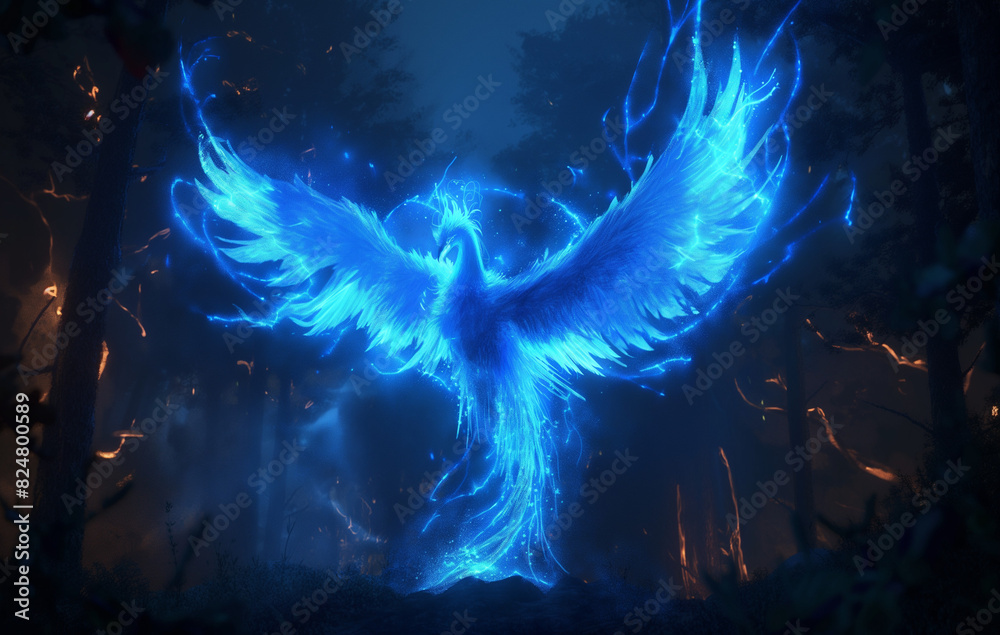 Obraz premium A glowing blue phoenix bird rising from its ashes in the dark forest