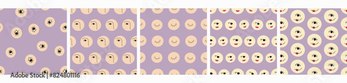 Five seamless patterns pack, cartoon design. Surface design for branding, repeating background.