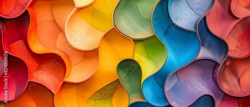 Fototapeta Naklejka Na Ścianę i Meble -  Abstract painted colored 3d rainbow colors, wooden deco decor panel wall texture with geometric shapes, overlapping layers - Wood waves structure background LGBT, LGBTQ