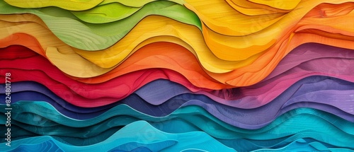 Fototapeta Naklejka Na Ścianę i Meble -  Abstract painted colored 3d rainbow colors, wooden deco decor panel wall texture with geometric shapes, overlapping layers - Wood waves structure background LGBT, LGBTQ