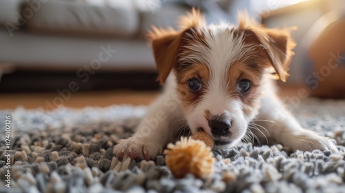 A cute puppy playing with a squeaky toy on a living room rug, its eyes full of excitement and its tail wagging furiously. photo