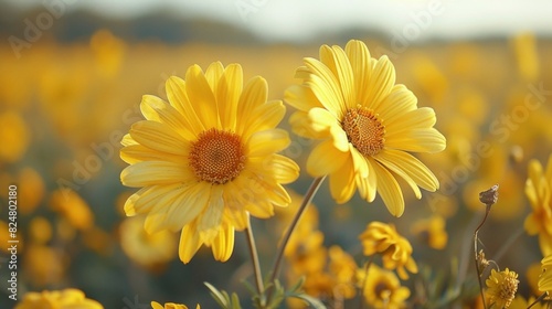 macro photo of two yellow daisies in a field of yellow flowers