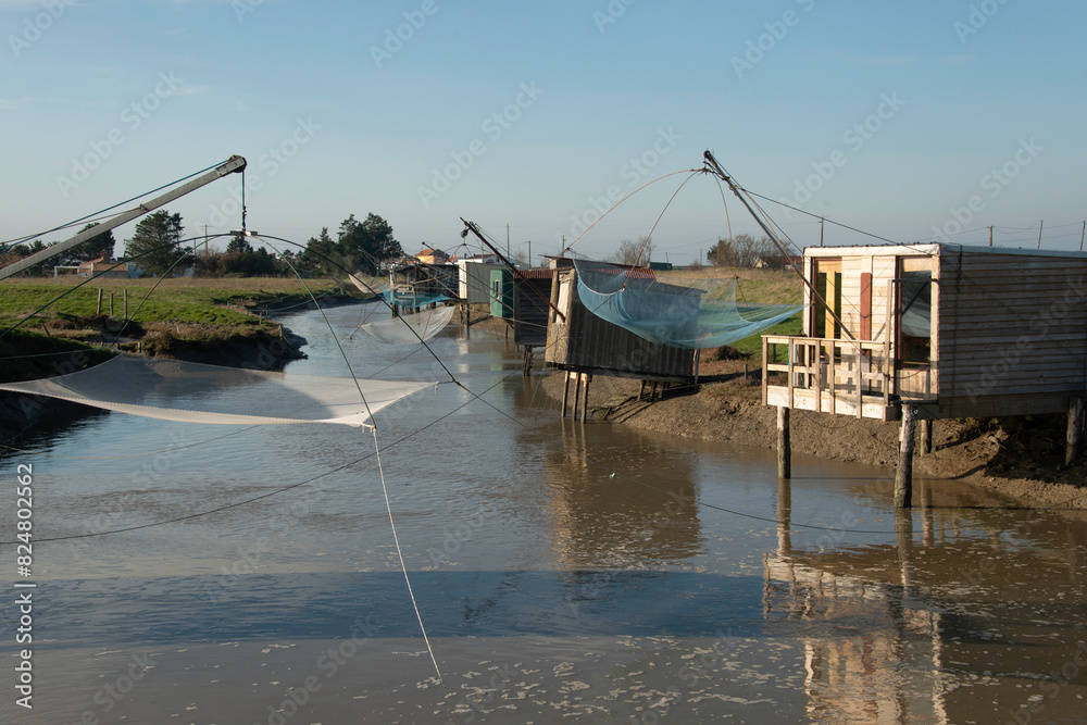 Riviere La Taillée, pêche au carrelet , Marais Breton, Vendée, Pont Neuf, Fontenay le Comte,  85, France