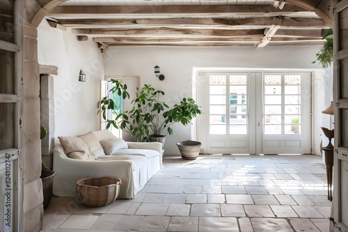 Rustic living room with a window, French provincial, white decor, sofa pots and plants. 