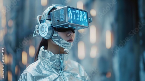 Woman model wearing futuristic silver clothes and digital glasses technology. Generated AI image