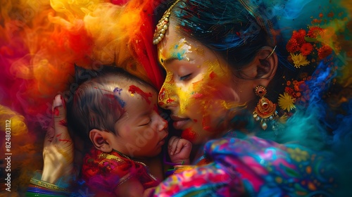 In a scene reminiscent of an artist's palette, an Indian mother holds her newborn child, surrounded by a symphony of colors