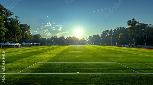 Serene Soccer Field Surrounded by Lush Greenery and Vibrant Skies