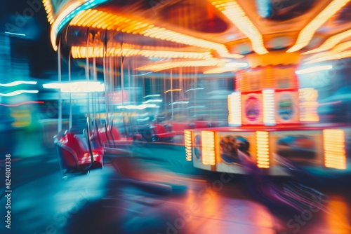 Long exposure of a vibrant carousel in motion  capturing the lights and movement at a night fair