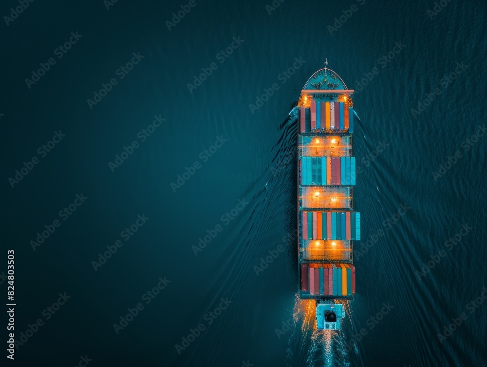 Nighttime Loading: Aerial View of Container Cargo Ship in Open Sea for Import-Export Logistics Nighttime Loading: Aerial View of Container Cargo Ship in Open Sea for Import-Export Logistics