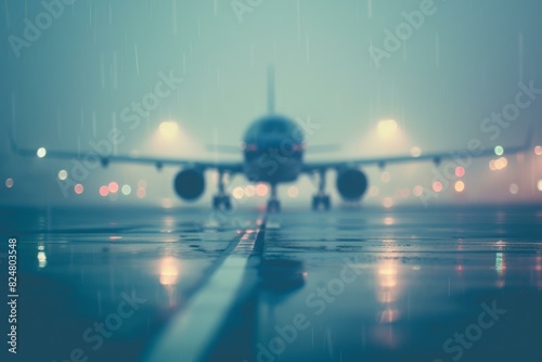 Blurred view of a plane on a wet runway under rain at twilight with glowing lights