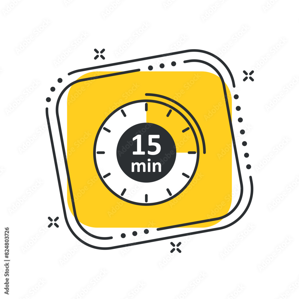 Cartoon сlock icon vector illustration. Timer sign 15 min on isolated yellow square background. Countdown sign concept. Cartoon сlock icon vector illustration. Timer sign 15 min on isolated yellow square background. Countdown sign concept.