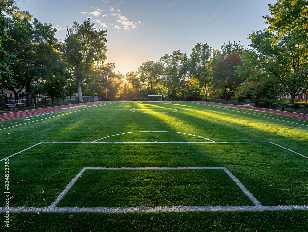 The Serene Soccer Field at Golden Hour with Lush Greenery and Warm Sunlight The Serene Soccer Field at Golden Hour with Lush Greenery and Warm Sunlight