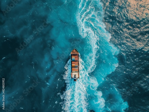 Oceanic Logistics: Captivating Aerial Views of Container Ship on Blue Sea
