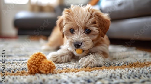A cute puppy playing with a squeaky toy on a living room rug, its eyes full of excitement and its tail wagging furiously.