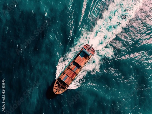 Oceanic Logistics: Aerial View of Container Ship Amidst Beautiful Blue Waves