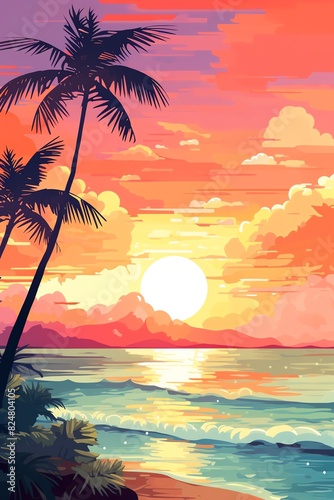 A beautiful sunset over the ocean. The palm trees are silhouetted against the sky  and the waves are crashing gently on the shore.