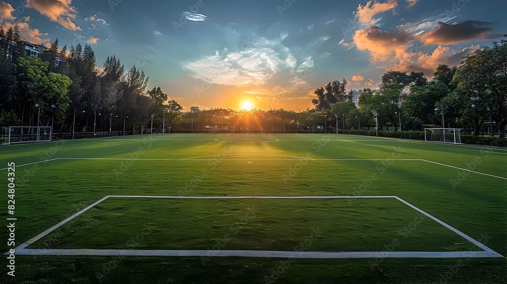 Scenic Sunset Over a Lush Green Soccer Field in a Sports Arena Scenic Sunset Over a Lush Green Soccer Field in a Sports Arena