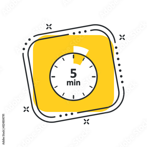 Cartoon сlock icon vector illustration. Timer sign 5 min on isolated yellow square background. Countdown sign concept.