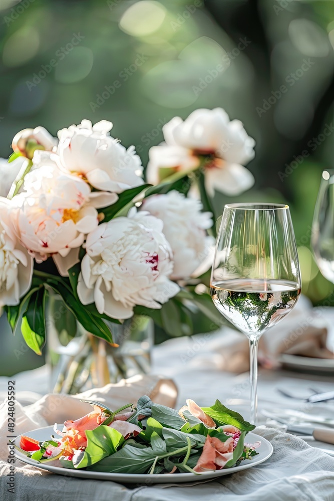 peony flowers and a glass of wine. Selective focus peony flowers and a glass of wine. Selective focus