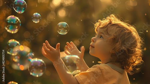 a child catches soap bubbles on the background of nature. Selective focus