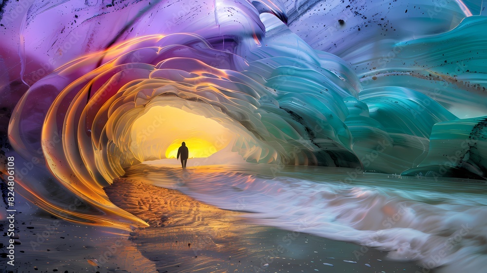 Fototapeta premium Colorful ice cave waves fantasy characters landscape poster background