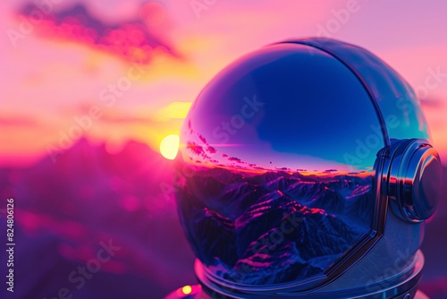 a reflective helmet with a mountain range reflected in it photo