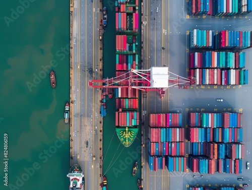 Sea-Port Symphony: Aerial View of Container Ship Loading and Unloading in Deep Seaport