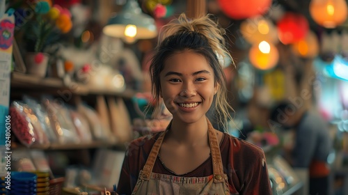 LGBTQ worker smiling and helping a customer at a small boutique , Asia Person, Leading lines, centered in frame, natural light,photography © Phanuwhat