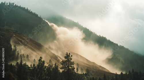 Beginning Moments of a Landslide - Captivating Aerial View of a Landslide in Progress with Dust Clouds Rising