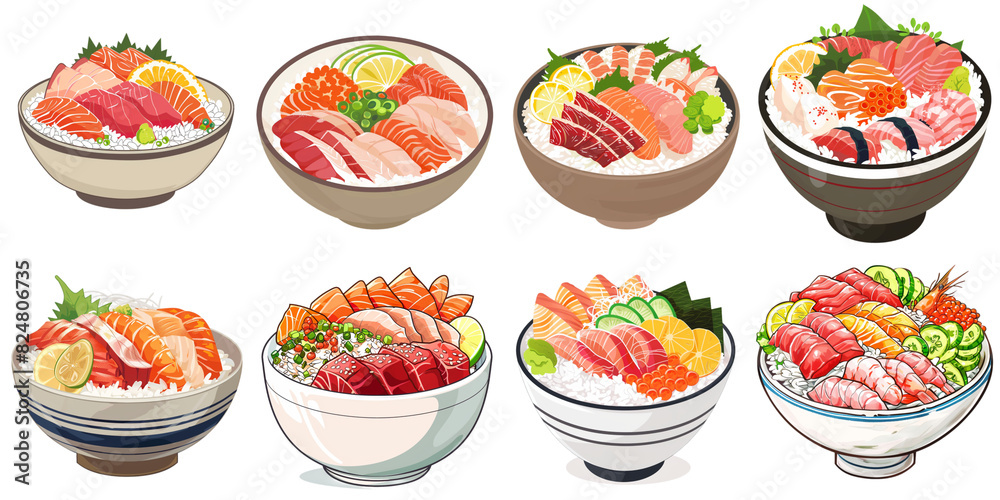 Kaisen don sashimi png collection in 3d transparent for product presentation. Kaisen don sashimi png collection in 3d transparent for product presentation.