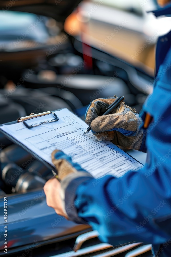 a male auto mechanic fills out a form. Selective focus