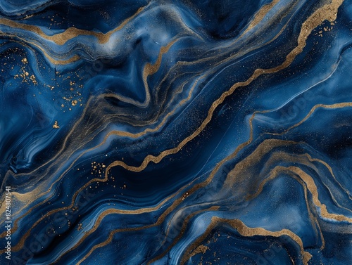 Elegant abstract blue and gold marble texture with fluid, wavy patterns and shimmering details.