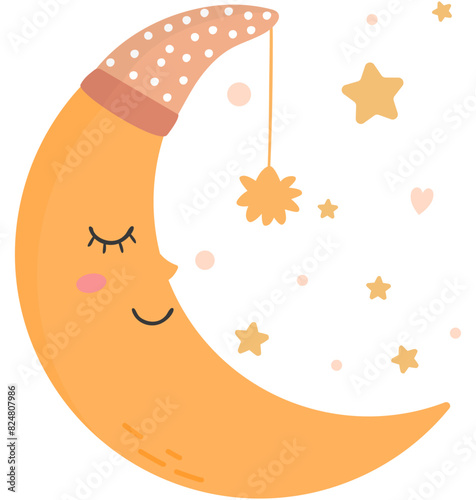 Cute orange half moon sleeping in hat with pompom at night sky with stars.