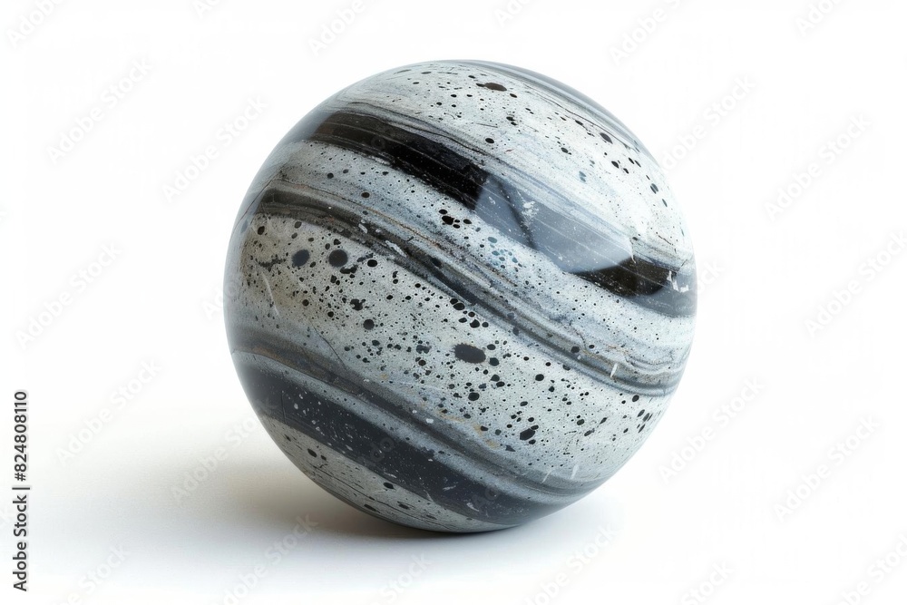 High-resolution image of a black and white marbled sphere on a white background, showcasing its unique pattern and texture.